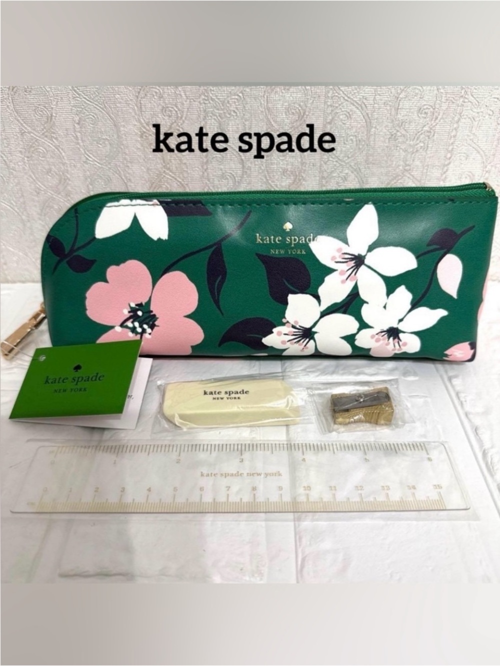 kate spade 💚 NWT Green Floral Pencil Pouch with Ruler, Eraser, and Sharpener.